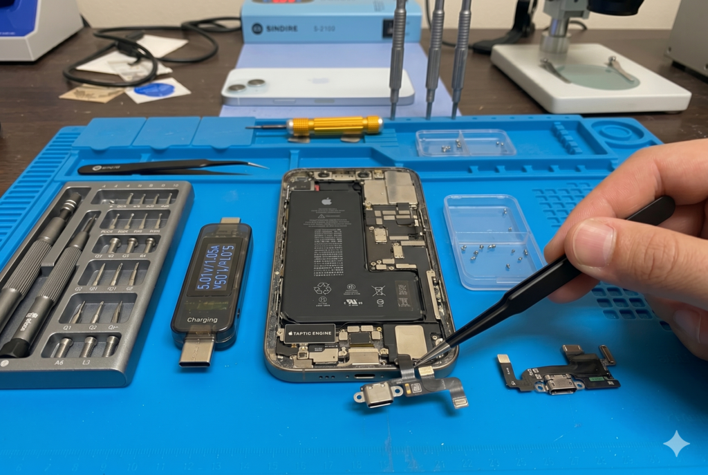 Opened iPhone on a repair mat showing internal battery, flex cables, and motherboard for charging diagnostics at Katya Phone