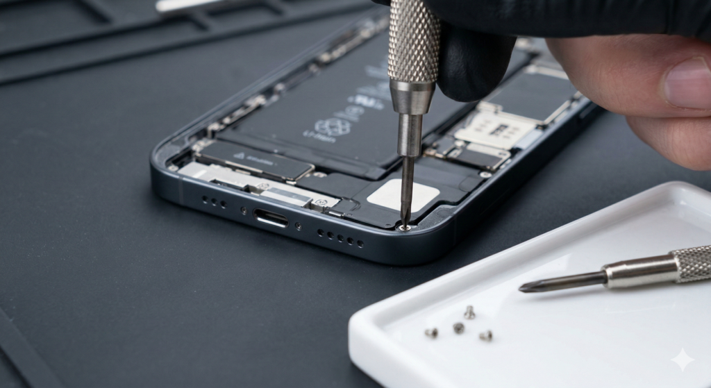 Technician at Katya Phone carefully prying open an iPhone screen to reveal the adhesive seal in Melbourne.