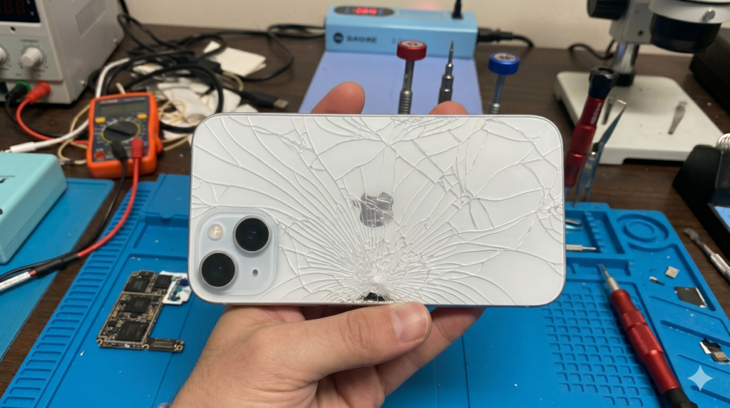 White iPhone 15 with severely cracked back glass held by a technician for replacement at Katya Phone in Melbourne