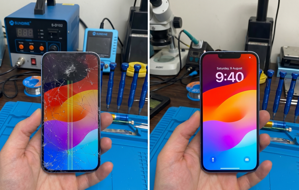 Before and after of an iPhone 14 screen replacement at Katya Phone in Melbourne. Left side shows a shattered OLED display with green vertical lines, and right side shows the fully repaired, bright screen.