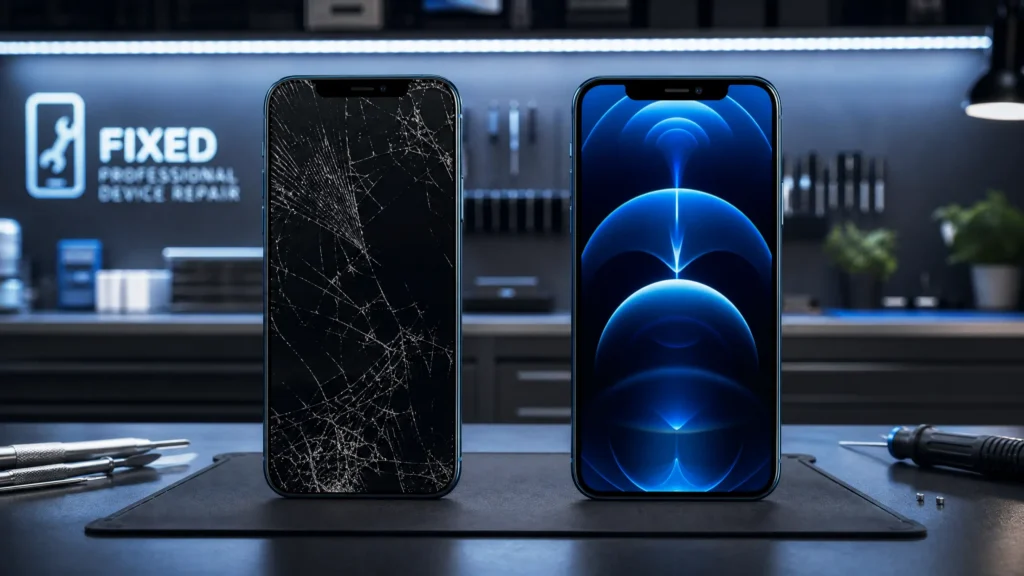 Professional iPhone 12 Pro screen replacement service - cracked vs repaired display