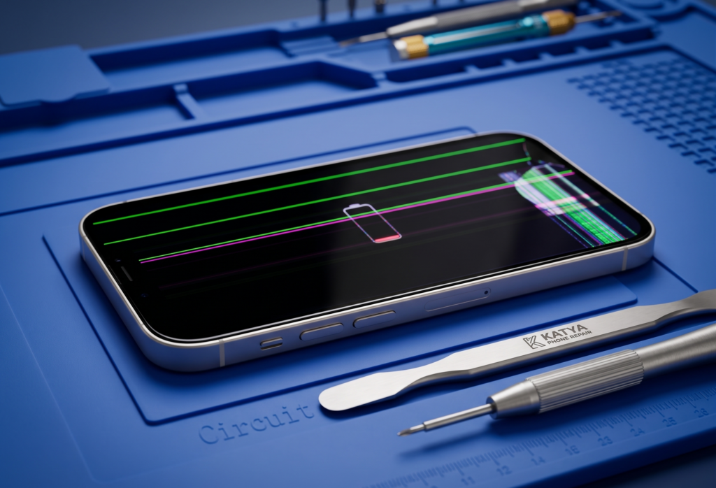 iPhone display with vertical green lines showing OLED damage on a repair technician workbench.