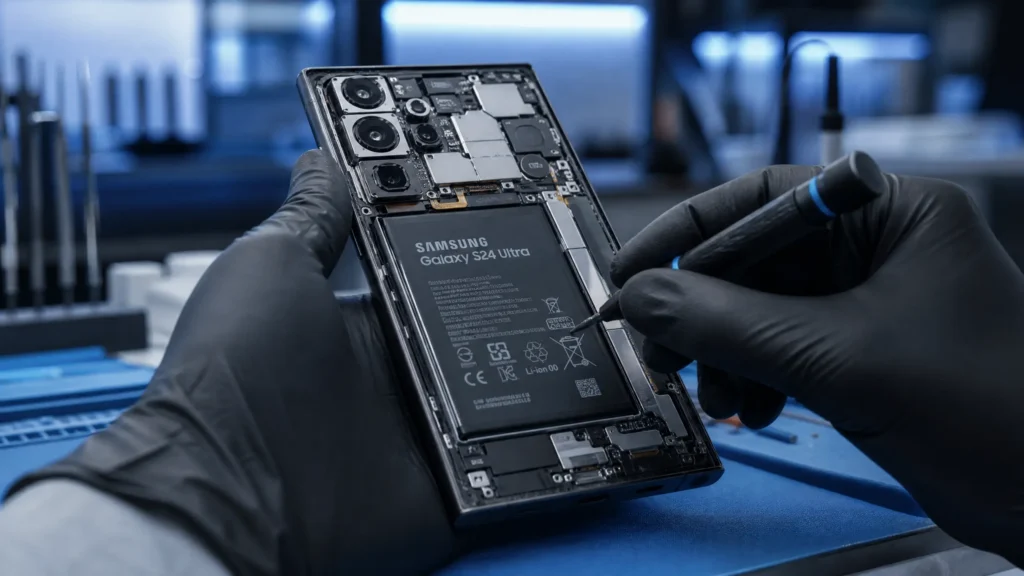 Professional Samsung phone repair workstation with specialized tools in Caroline Springs.