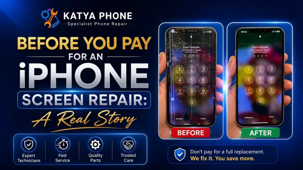 iPhone 13 Pro Max screen repair diagnostic check showing unresponsive touch troubleshooting at Katya Phone Caroline Springs.