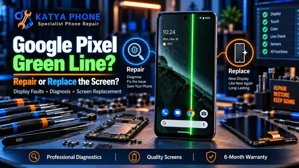 Google Pixel green line on screen being checked for repair in Caroline Springs
