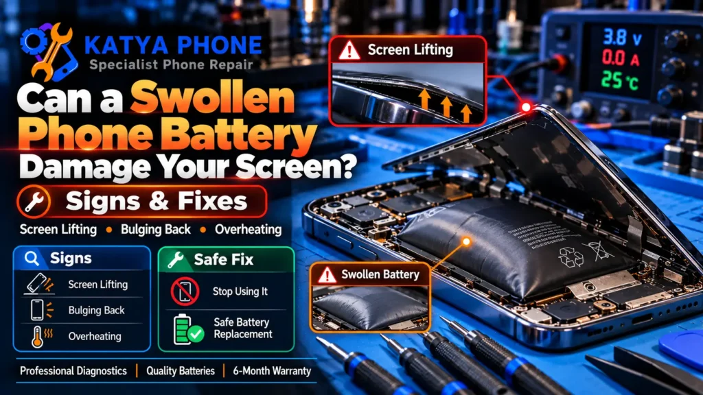 swollen phone battery lifting a phone screen, repaired in Caroline Springs