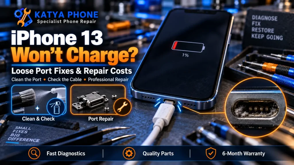 iPhone 13 charging port loose being checked for repair in Caroline Springs