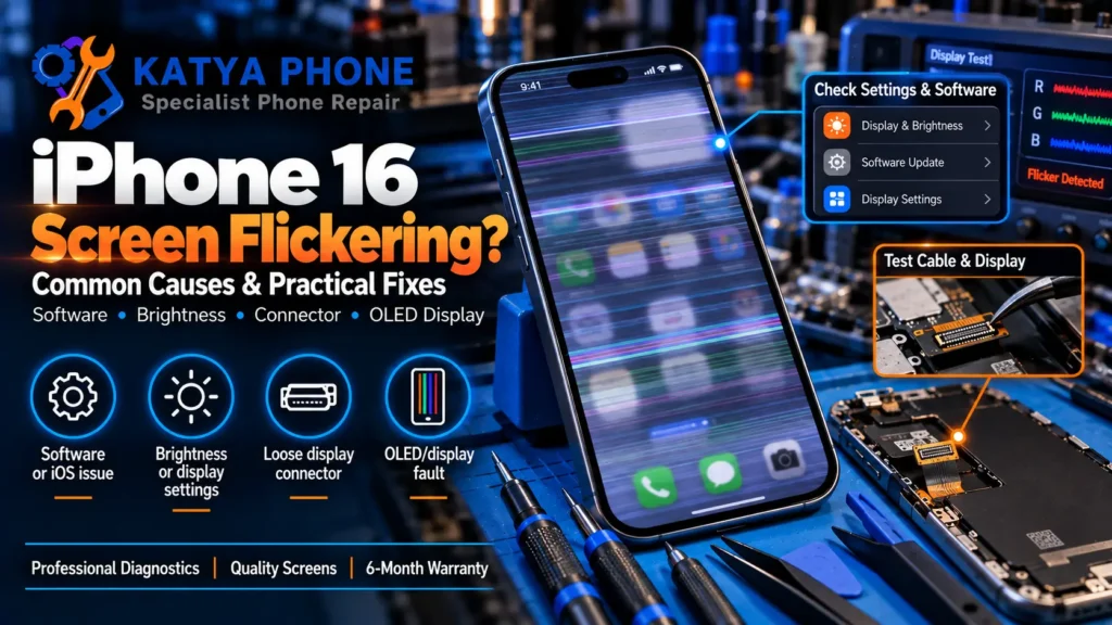 iPhone 16 screen showing flickering display issue before repair at Katya Phone Caroline Springs