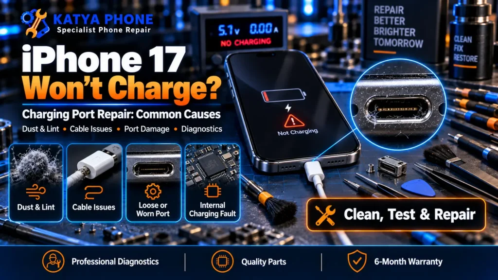 iPhone 17 charging port repair being checked at a Caroline Springs repair shop