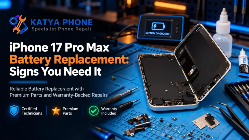 iPhone 17 Pro Max battery replacement being checked at a Caroline Springs repair shop