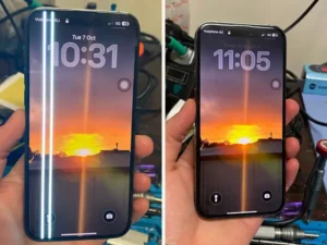 Before and after iPhone screen repair showing vertical lines removed