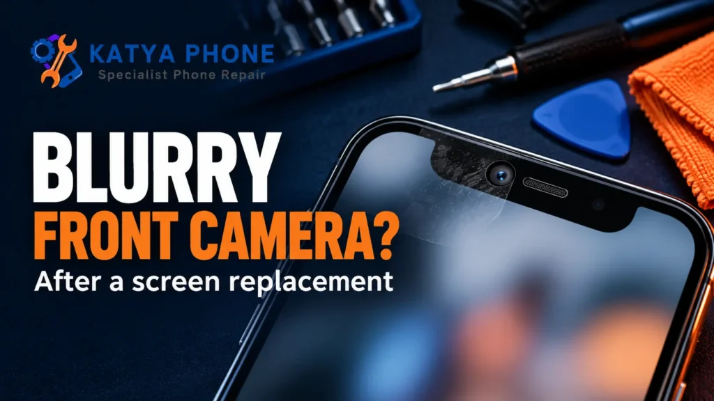 Illustration of a smartphone front camera with marks near its opening on a repair workbench, beside the Katya Phone logo.