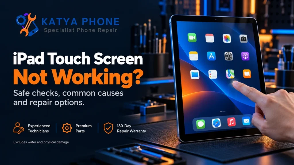 A finger touching an iPad screen on a blue-lit repair bench beside the Katya Phone logo and touch screen repair headline.