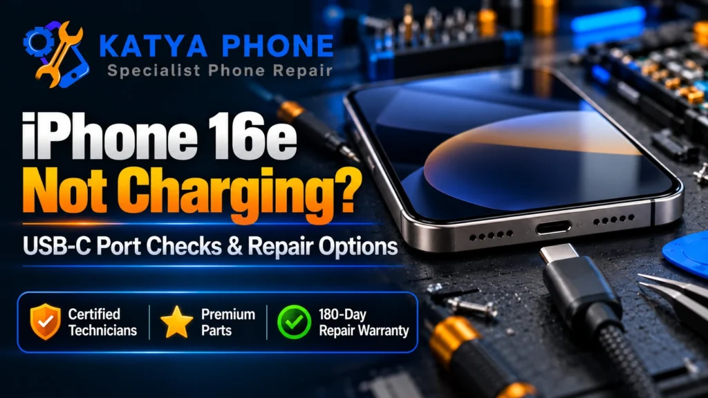 iPhone 16e-style phone and USB-C cable on a repair bench, with Katya Phone branding and charging-port guidance