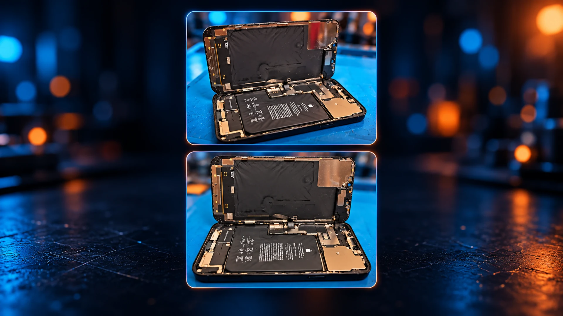 Two views of an opened iPhone with its battery visible, illustrating battery replacement in Caroline Springs.